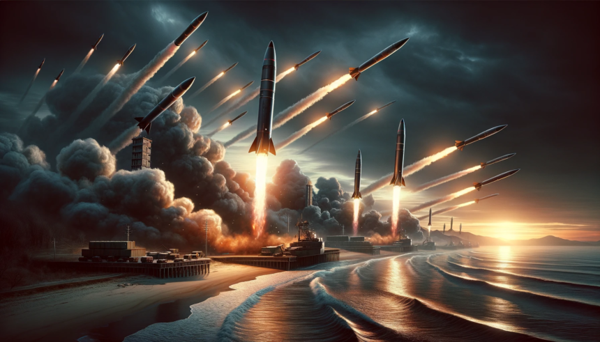 scene illustrating North Korea's launch of multiple cruise missiles